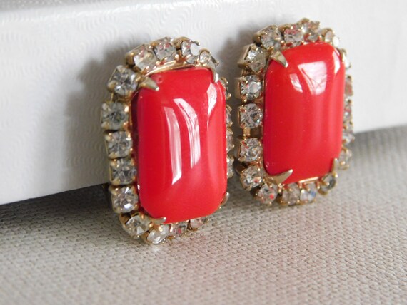 Rounded Rectangle Red Clear Rhinestone Clip On Ea… - image 2