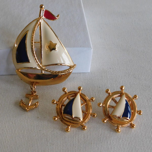 Gold Red White Blue Dangle Anchor Sailboat Brooch