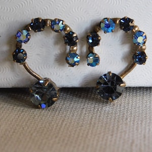 Gold  Blue Rhinestone Half Circle Clip On Earrings Made In Austria