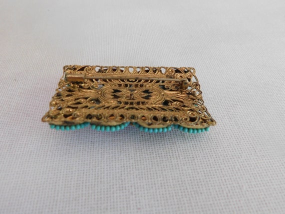 Gold Open Work Blue Bead Rectangle Leaf Brooch Pin - image 6