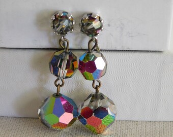 thumbnail interactive-video image 1 of Handmade Tibetan Silver & Crackle Glass Bead Clip-On Earrings – Pink/Purple – UK Made 1 of 5