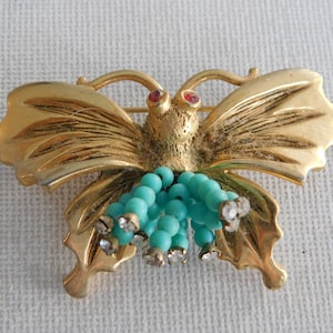 Vintage Brushed Gold Blue Bead Clear Rhinestone Butterfly Har Brooch Signed