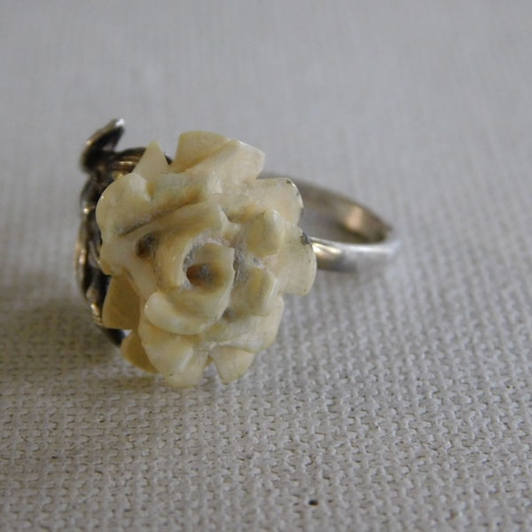 Vintage Napier Sterling Silver Carved White Rose Flower Adjustable Ring