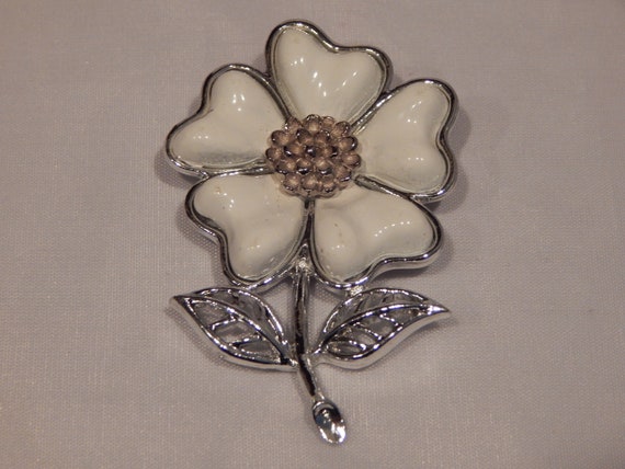 Vintage Silver And White Long Stem Coro Flower Br… - image 2