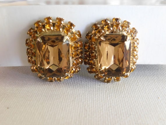 Gold Large Rectangle Orange Brown Rhinestone Clip… - image 1