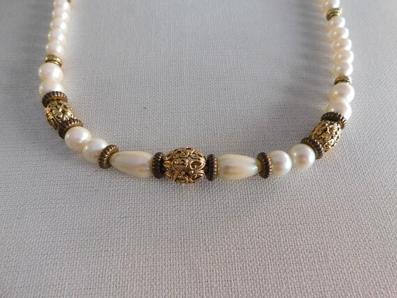 Gold Filigree Open Work White Faux Pearl 1928 Nec… - image 2