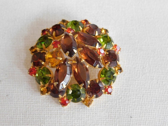 Rhinestone Dome Brooch Brown Green Red Yellow Rou… - image 1