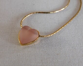 Gold Crown Trifari Frosted Pink Heart Choker Necklace