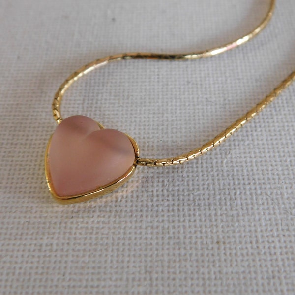 Gold Crown Trifari Frosted Pink Heart Choker Necklace