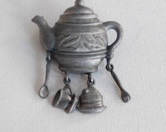 Tea Time Brooch Silver Tone Tea Pot Tea Cup Spoon Fork Dangle Brooch