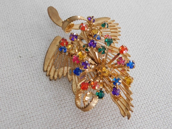 Gold Open Work Multicolor Rhinestone Leaf Brooch - image 3