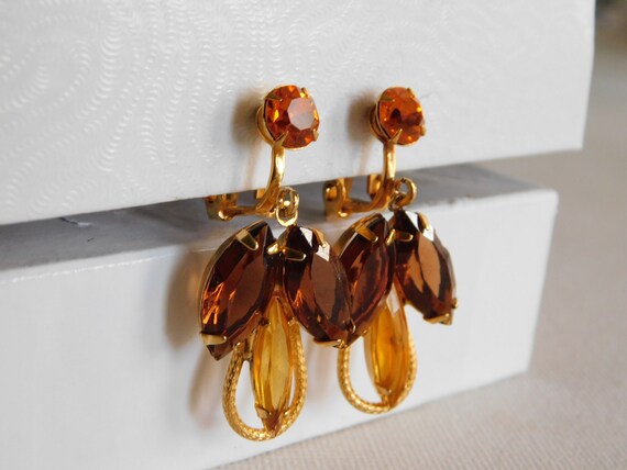 Gold Dangle Drop Orange Brown Rhinestone Clip On … - image 9