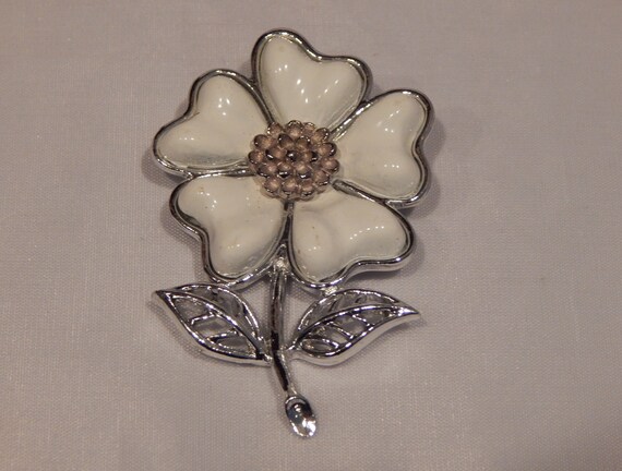 Vintage Silver And White Long Stem Coro Flower Br… - image 1
