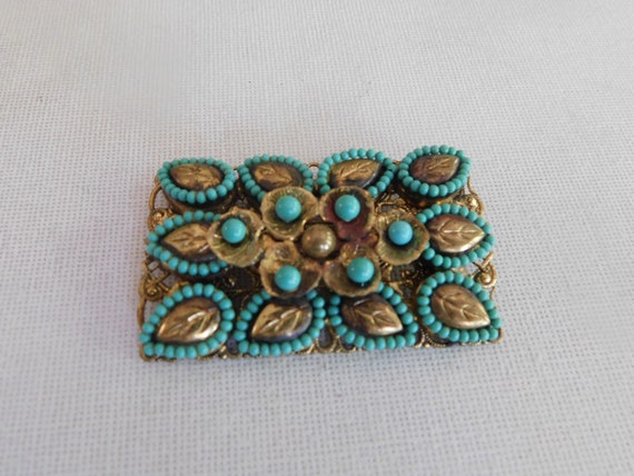 Gold Open Work Blue Bead Rectangle Leaf Brooch Pin - image 1