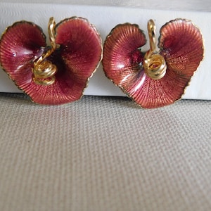 Gold Pink Enamel  Orchid Flower Clip On Earrings