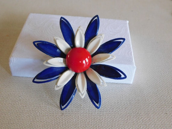 Red White Blue Enamel Layered Flower Brooch - image 1