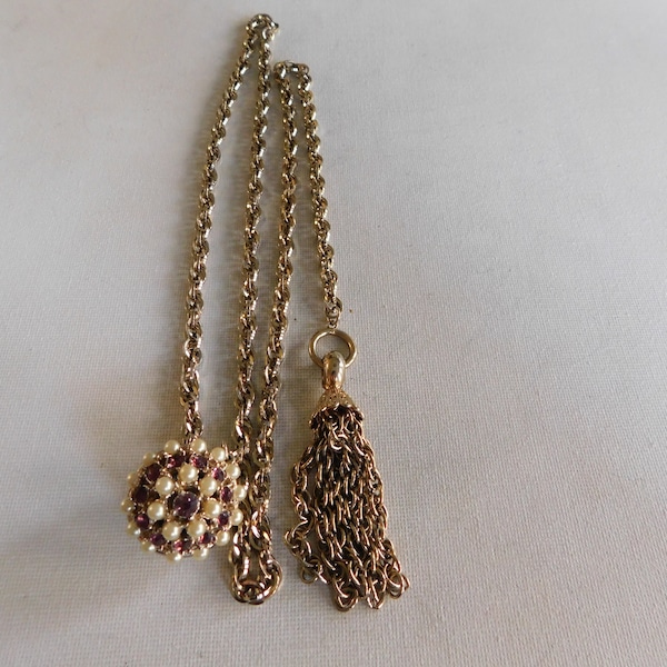Long Gold Chain Dangle Ball Faux Pearl Pearl Rhinestone Tie Necklace