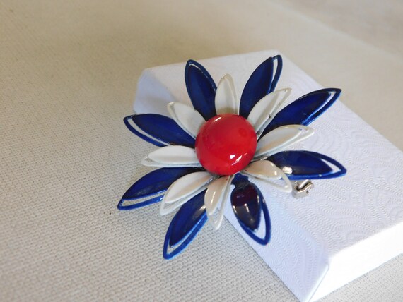 Red White Blue Enamel Layered Flower Brooch - image 2