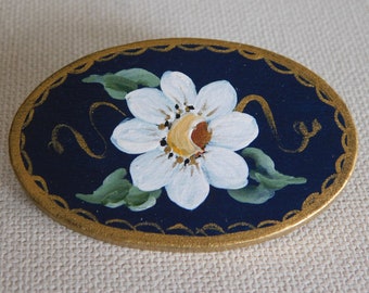 Oval Black  Gold White Flower Floral Hand Painted Brooch