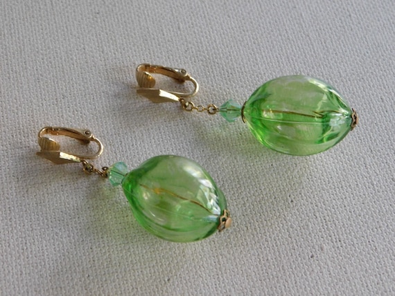 Green Dangle Drop Plastic Oval Translucent Clip O… - image 2