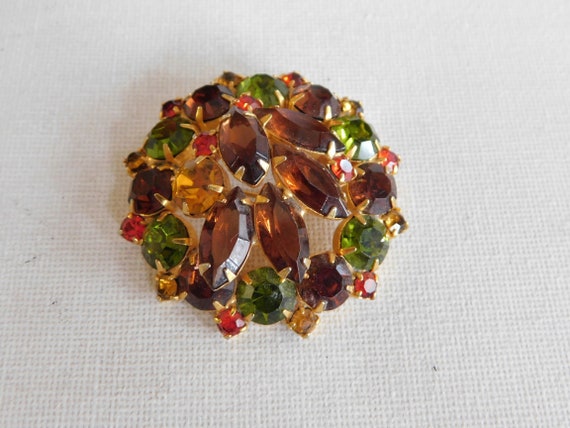 Rhinestone Dome Brooch Brown Green Red Yellow Rou… - image 4