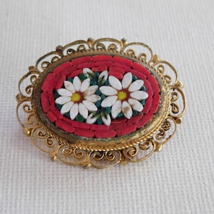 Micromosaic Brooch Gold  Red Green Flowers Oval Floral Brooch Made In Italy