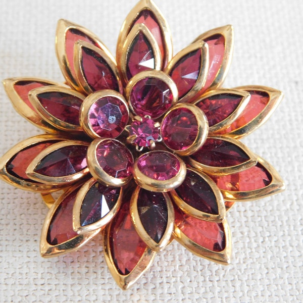 Gold Layered Purple Rhinestone Figural Flower Brooch Signed Avon