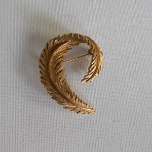 May include: A gold-toned brooch in the shape of a stylized feather.