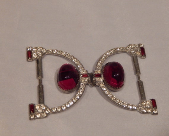 Vintage Belt Buckle Silver Clear Rhinestone Red Rh