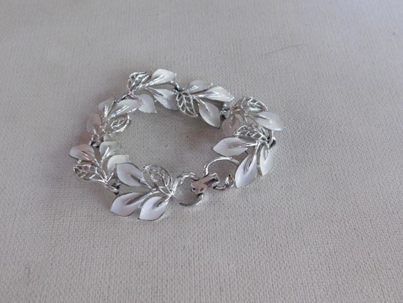 Vintage  Silver White Enamel Leaf  Leaves Bracelet - image 2