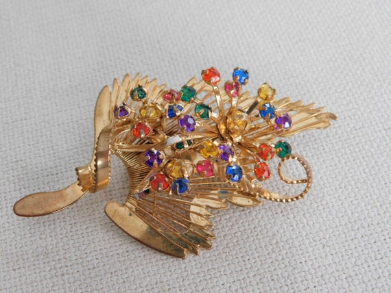Gold Open Work Multicolor Rhinestone Leaf Brooch - image 2