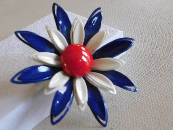 Red White Blue Enamel Layered Flower Brooch - image 3