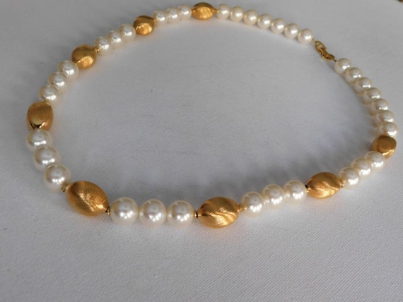 Napier White and Gold Bead Long Necklace Signed - image 2