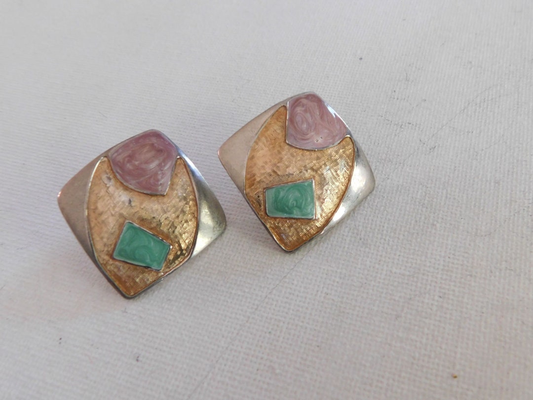 Silver Tone Multicolor Pink Green Gold Enamel Earrings Stud Pierced - Etsy