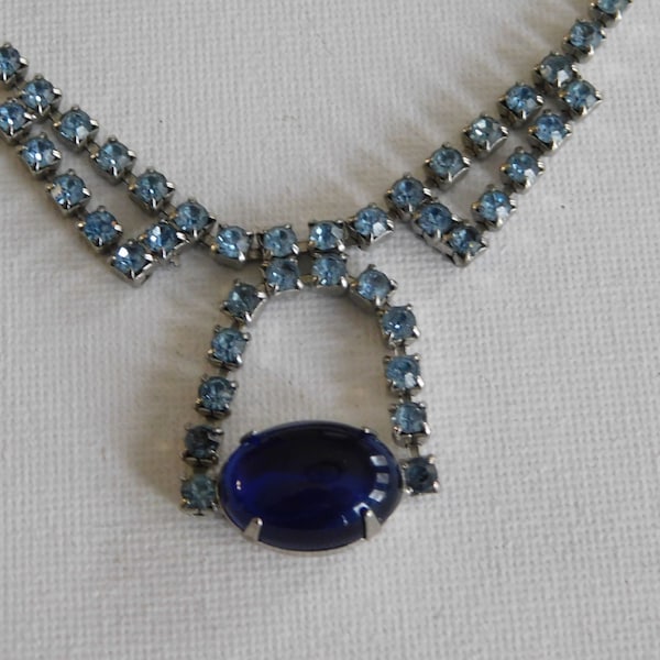 Silver Blue Rhinestone Choker Small Bib Necklace