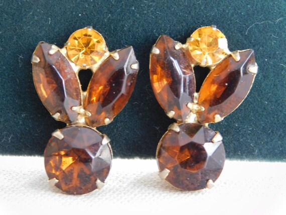 Gold Tone Brown Orange Rhinestone Leaf Ear Climbe… - image 1