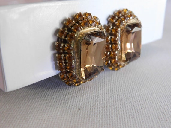 Gold Large Rectangle Orange Brown Rhinestone Clip… - image 2