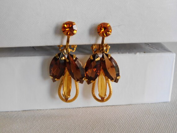 Gold Dangle Drop Orange Brown Rhinestone Clip On … - image 1