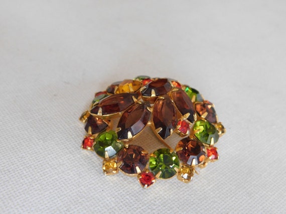 Rhinestone Dome Brooch Brown Green Red Yellow Rou… - image 3