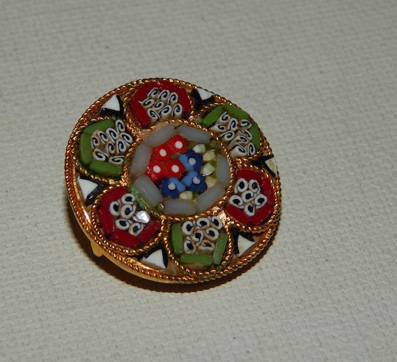 Micromosaic Brooch Gold Tone Red Green Flowers Ro… - image 1