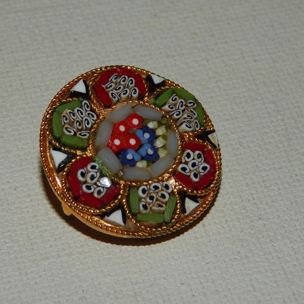 Micromosaic Brooch Gold Tone Red Green Flowers Round Circle  Floral Brooch