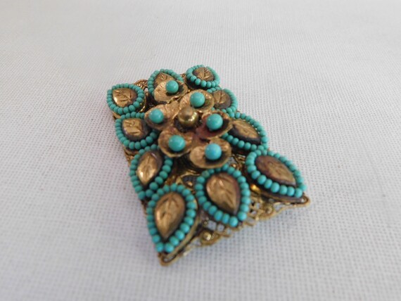 Gold Open Work Blue Bead Rectangle Leaf Brooch Pin - image 2