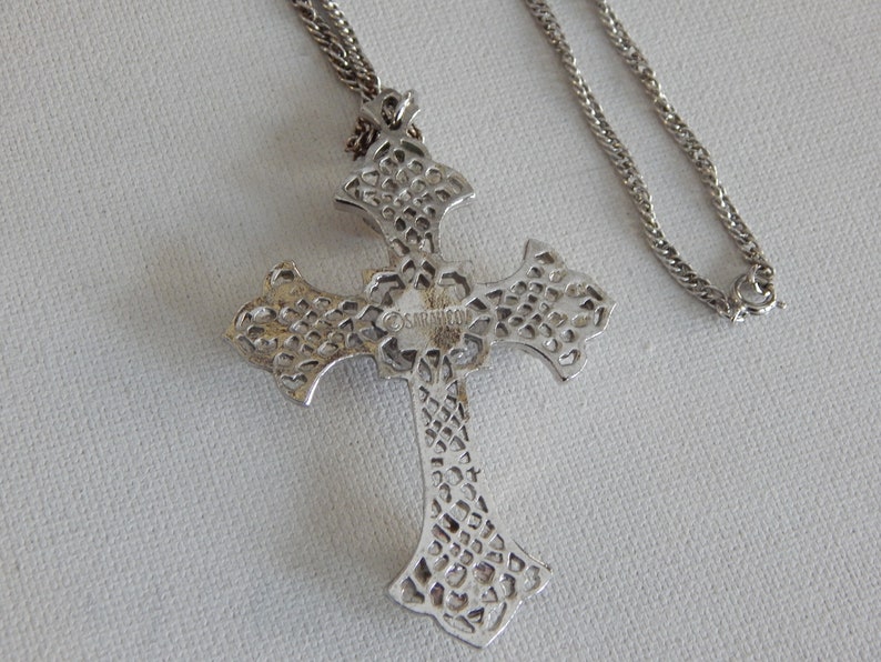 Silver Tone Large White Purple Cabochon Statement Sarah Coventry Cross Necklace Signed