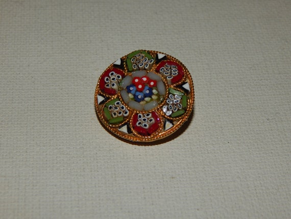 Micromosaic Brooch Gold Tone Red Green Flowers Ro… - image 4