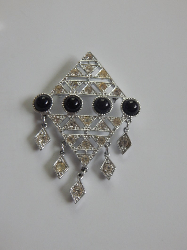 Vintage Sarah Covetry Set Vintage Silver Tone Black and Clear Rhinestone Brooch And Earring Set Signed