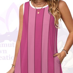 May include: Sleeveless pink striped dress with a white neckline and pockets. The dress features vertical stripes in varying shades of pink. The text "Bahamut Dawn Creation" is visible on the left side of the image.