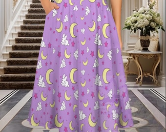 May include: A lilac-colored skirt featuring a repeating pattern of white rabbits, yellow crescent moons, and pink stars. The skirt has a flared silhouette with a pocket on the left side. The text "Bahamut Dawn Creation" is visible at the top.