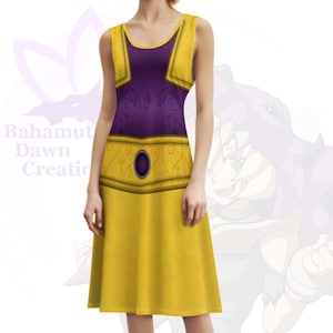 May include: A sleeveless dress featuring a yellow skirt and bodice with a purple top. The bodice has yellow accents and a central purple panel with a decorative pattern. The dress has a scoop neckline and a fitted waist.