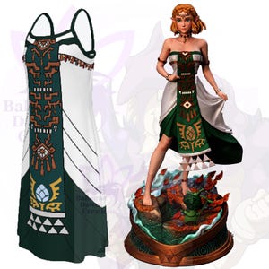 May include: A white and dark green sleeveless dress featuring a central panel with brown and gold geometric patterns, alongside a figurine of a character wearing a matching outfit, standing on a base with red leaves and a small green creature.