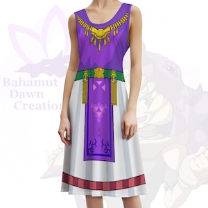 May include: A sleeveless dress featuring a purple bodice with gold accents and a green belt. The dress has a white skirt with vertical stripes and a red and brown hem. The text "Bahamut Dawn Creation" is visible on the left side.